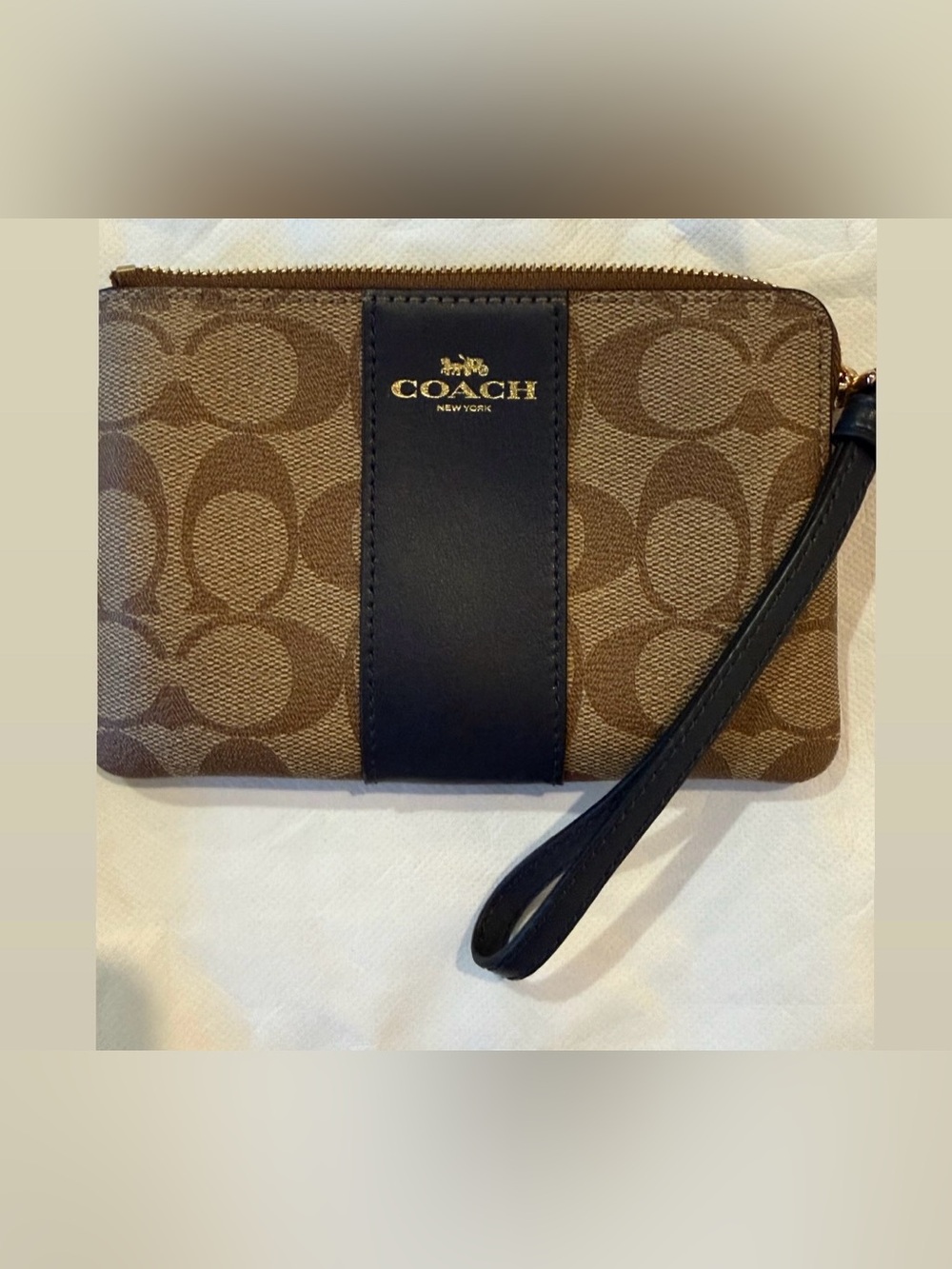 Coach Brown Signature Canvas Wristlet with Black Leather Trim